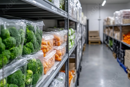 Fresh Vegetables Neatly Arranged in a Warehouse With Shelves Filled With Broc...