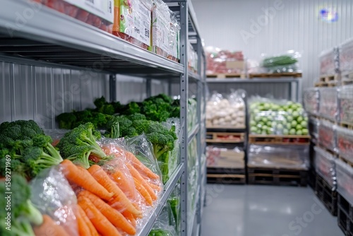 Fresh Vegetables in Storage Cool Room With Organized Shelves and Packaging.