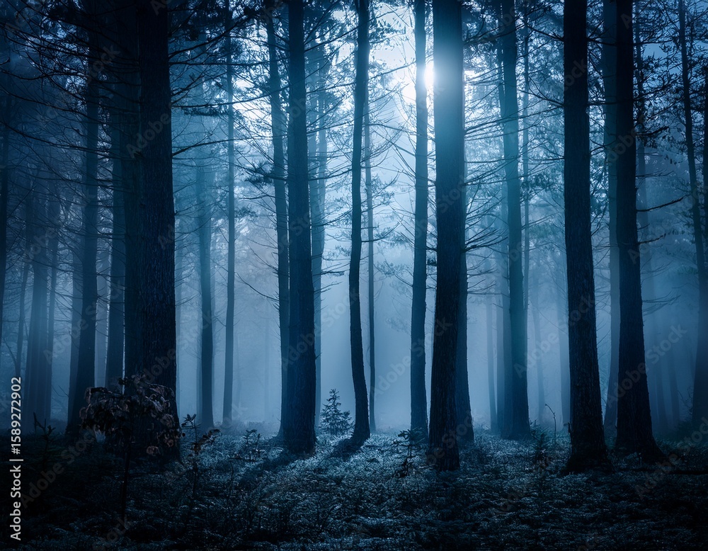 Fototapeta premium a dark misty forest with tall trees illuminated by moonlight creating an eerie mysterious atmosphere