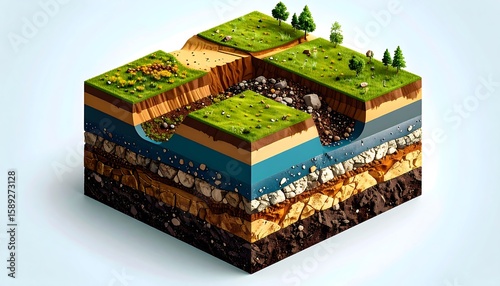 Isometric view of layered Earth cross-section