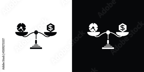 Time and money compare scale icon. Black and white silhouette. Icon vector