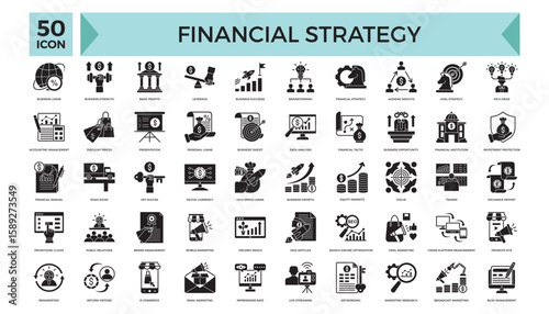 Comprehensive collection of 50 financial strategy-themed icons, ideal for illustrating business plans, economic concepts, and organizational strategies. Perfect for use in reports, infographics, and m
