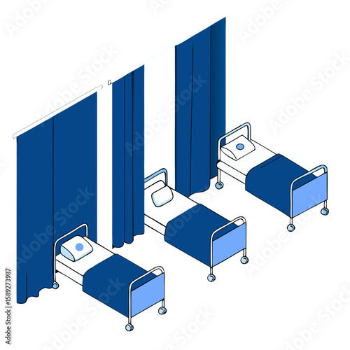 Hospital ward with multiple patients in beds, separated by curtains, clean healthcare concept, flat vector design