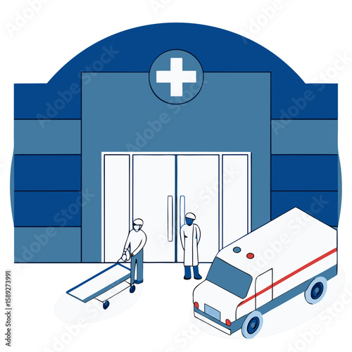 Ambulance arriving at hospital emergency entrance with medical team preparing for patient, vector art, isolated