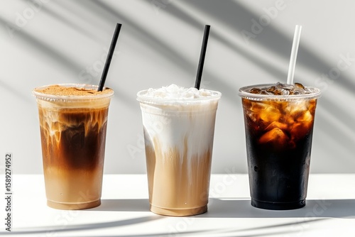 Refreshing Iced Beverages Displayed on a Bright Table With Greenery in the Ba...