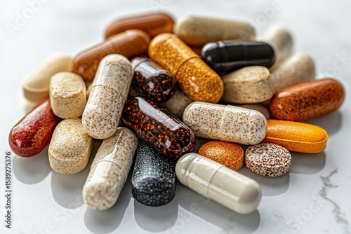 Diverse Collection of Vitamins and Supplements on a Clean Surface.