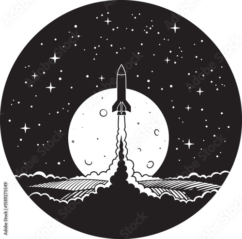 Rocket Launching from Planet with Stars Silhouette