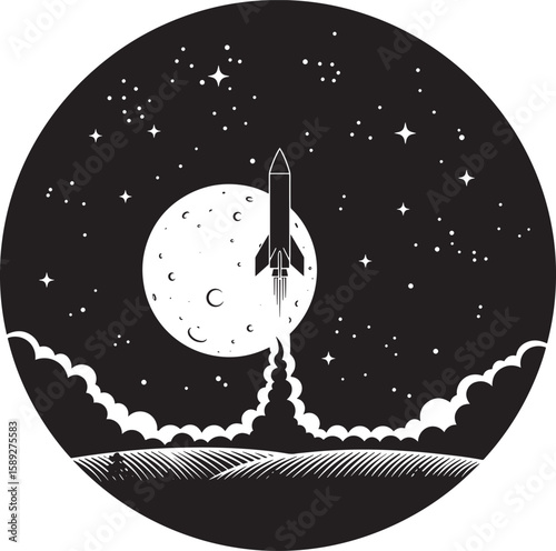 Rocket Launch from Earth to Moon in Circle Vector Silhouette