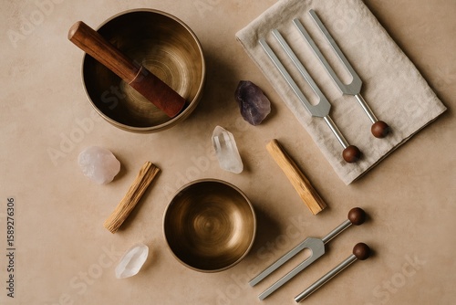 Two brass singing bowls, mallet, tuning forks, and crystals arranged on a beige surface. Items include amethyst, rose quartz, and wooden sticks.