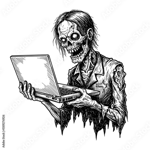 Zombie with laptop Halloween decoration – vintage ink sketch hand-drawn black and white vector illustration