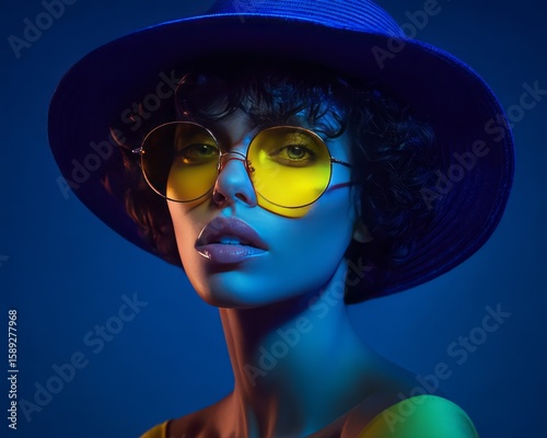Portrait of female fashion model wearing futuristic hat and glasses glowing neon on dark studio dark blue background