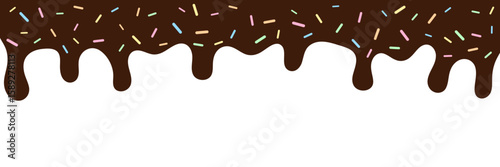Rich Chocolate Dripping Icing with Colorful Sprinkles. Abstract Dessert Background. Vector Illustration