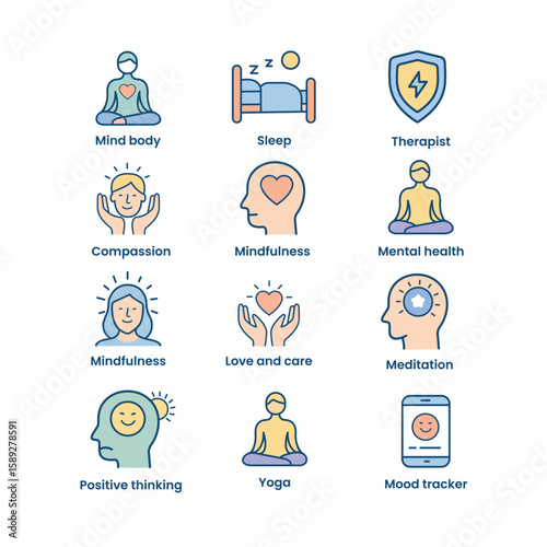 Mental Wellness Icon Set – Mindfulness, Sleep, Meditation, Therapist, Yoga, Positive Thinking, Mood Tracker