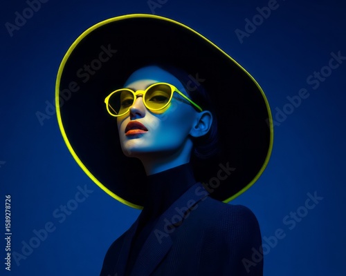 Portrait of female fashion model wearing futuristic hat and glasses glowing neon on dark studio dark blue background