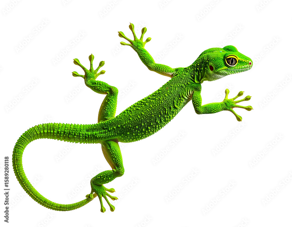 Fototapeta premium Green Gecko Clinging to Vertical Surface, Full Body Side View, Transparent PNG Wildlife Illustration