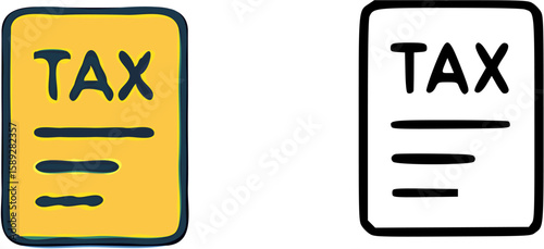 Two simple illustrations of a tax form, one in yellow and one in black and white.