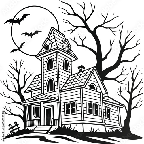 Haunted Halloween house line art silhouette vector illustration 