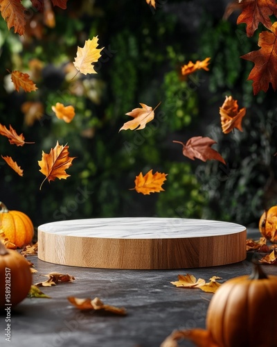 Autumn Leaves and Pumpkins Create a Cozy Seasonal Atmosphere in a Rustic Sett...