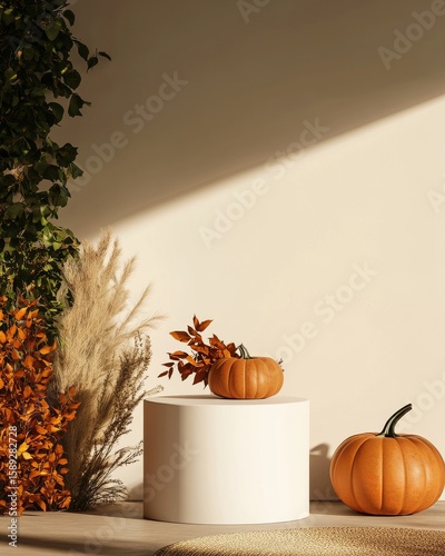 Fall Decor Display With Pumpkins and Dried Plants in Natural Sunlight.