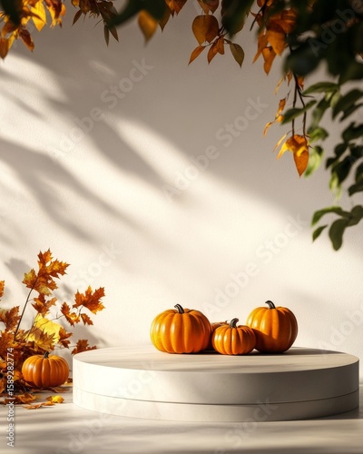 Fall Decor Display With Pumpkins and Dried Plants in Natural Sunlight