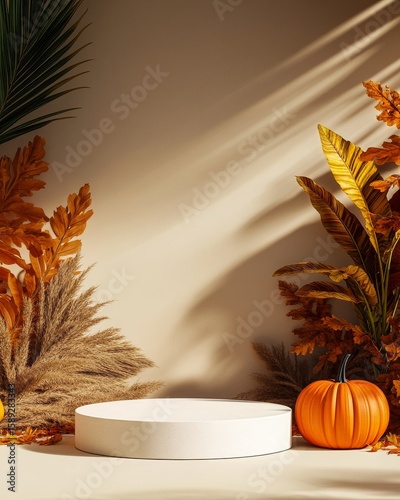 Vibrant Autumn Decor With Pumpkin and Foliage in Warm Colors on a Minimalisti...