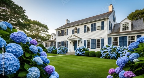 A private house in Newport, RI with blooming hydrangeas in front of it. 