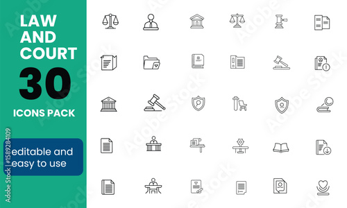 Law and Court Line Icons—Editable Vector for Legal, Crime, and Justice Themes