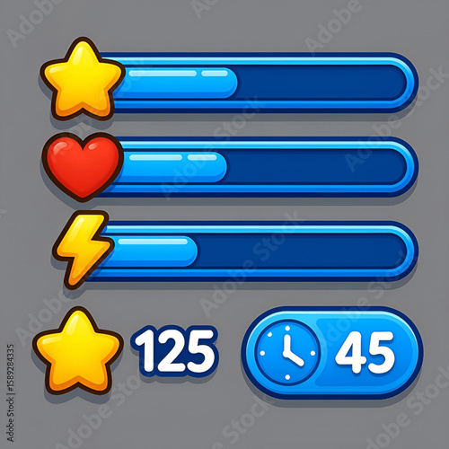 Colorful Game UI Progress Bars With Star, Heart And Energy Icons