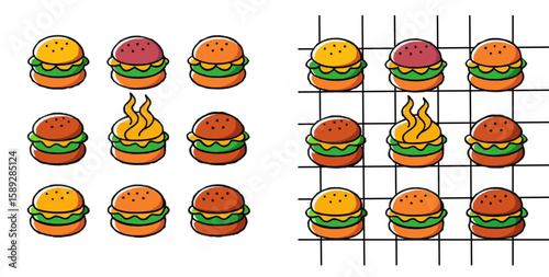 Colorful cartoon hamburgers in various styles and expressions on a grid background with copy space