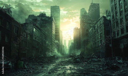 Desolate Urban Landscape With Crumbling Buildings and Hazy Sunset After Apoca...