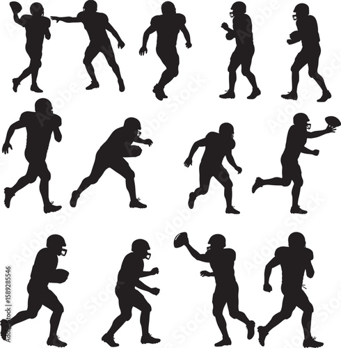 Twelve American football players in various action poses black silhouettes