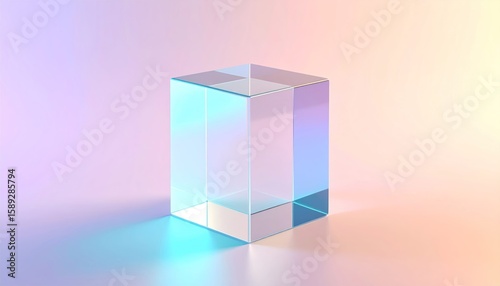 Transparent Glass Cube with Pastel Gradient and Light Reflection on Minimalist Background