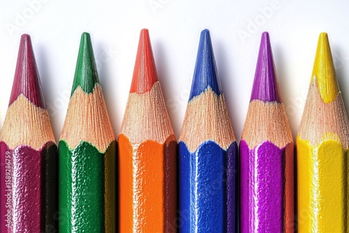 Vibrant Colored Pencils Arranged Neatly on a White Surface for Creative Drawi...