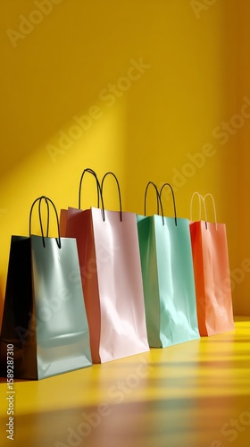 Colorful Shopping Bags Lined up Against a Vibrant Yellow Wall in a Bright Ind...