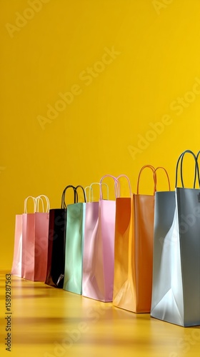 Colorful Shopping Bags Lined up Against a Bright Yellow Background Showcasing...