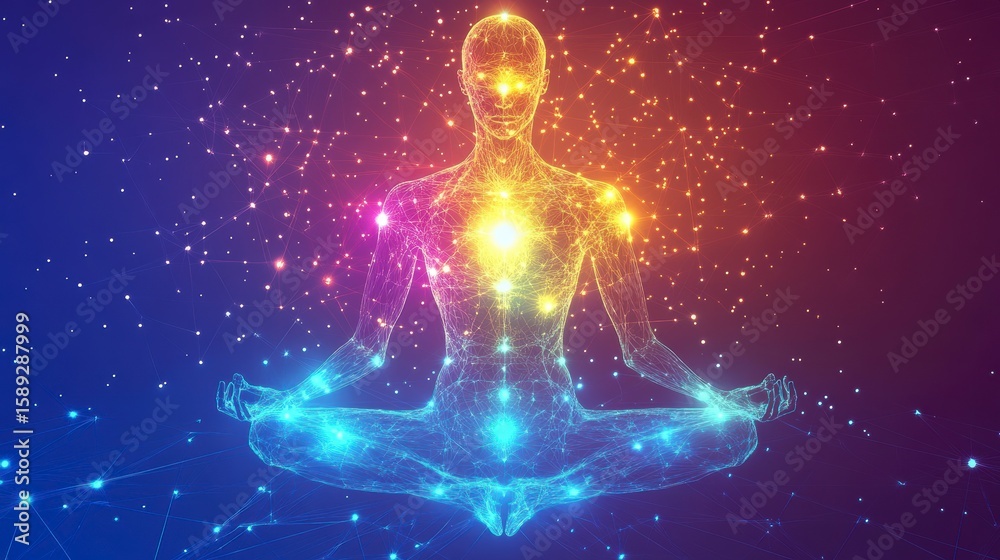 Fototapeta premium Glowing energy body in lotus yoga pose, spiritual meditation concept.