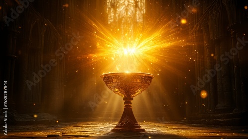 Golden chalice glowing in dark cathedral, magical light.
