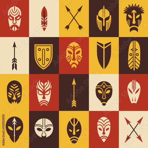 Collection of Tribal Ethnic Masks and Ancient Symbols in a Decorative Grid Pattern