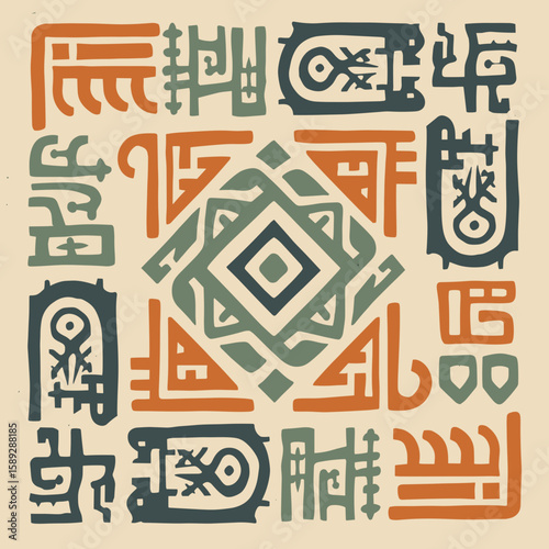 Abstract Ancient Script and Symbols Design with Central Diamond in Earth Tone Palette