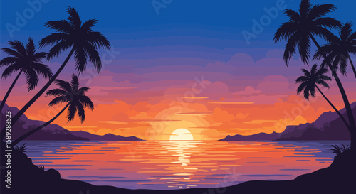  Tropical Beach Sunset with Palm Trees and Mountains