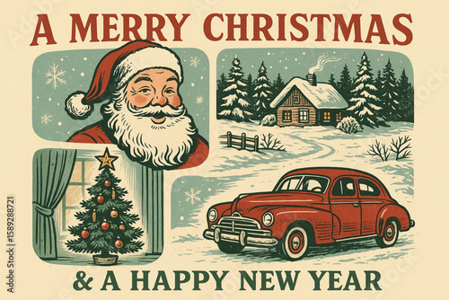 Vintage Christmas and New Year Illustration with Santa, Cozy Home, Tree, and Red Retro Car