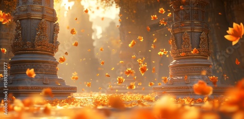 Beautiful Autumn Leaves Fall Around Ancient Stone Pillars in Serene Sunlight