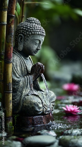 Buddha Statue Surrounded by Serene Water and Lotus Flowers in a Garden Setting.