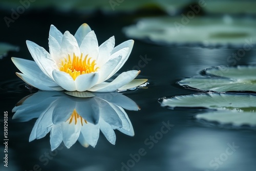 White Lotus Flower Blooming on Still Water in a Tranquil Garden Setting Durin...