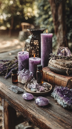 Purple Crystals and Candles Arranged Beautifully on a Wooden Table in a Seren...