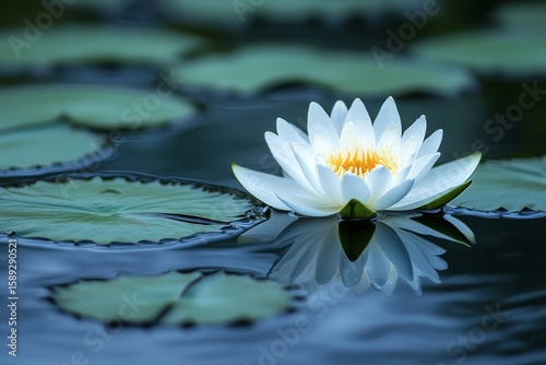 White Lotus Flower Blooming on Calm Water Surface Surrounded by Lily Pads.