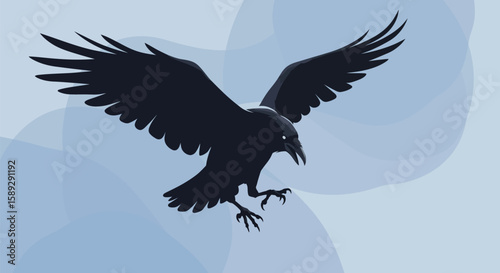 A silhouette of a raven in flight against a blurred blue background.