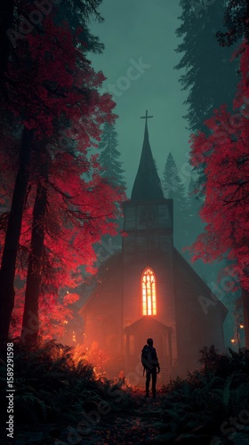 Mysterious Forest Church Illuminated by Autumn Foliage at Dusk