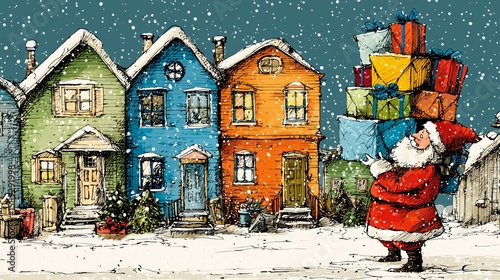Cheerful Santa Claus delivers colorful gifts in a snowy neighborhood during the festive winter season