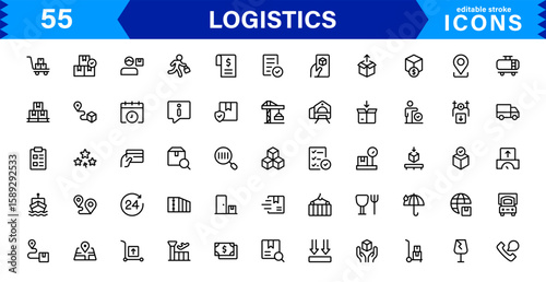 Logistics Icon Set Featuring Delivery, Transportation, Supply Chain, and Warehouse Symbols in Vector Style